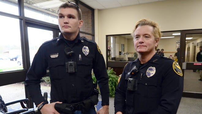 Hattiesburg Police Department recently received new body cameras for documenting their stops. Pictured wearing the cameras are patrol officers Nicholas Purvis and Tammy Hoadley.