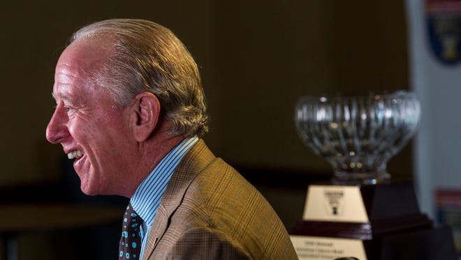 Archie Manning laughs before the start of an interview about Manning being awarded the 2016 Distinguished Citizen Award from the AutoZone Liberty Bowl, while in Memphis, Tenn., Sunday. Manning was a quarterback at Mississippi, in the College Football Hall of Fame and was an NFL quarterback.