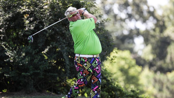 John Daly tees off on the third hole during Monday's Danny Thomas Pro-Am at the 2018 FedEx St. Jude Classic at TPC Southwind.