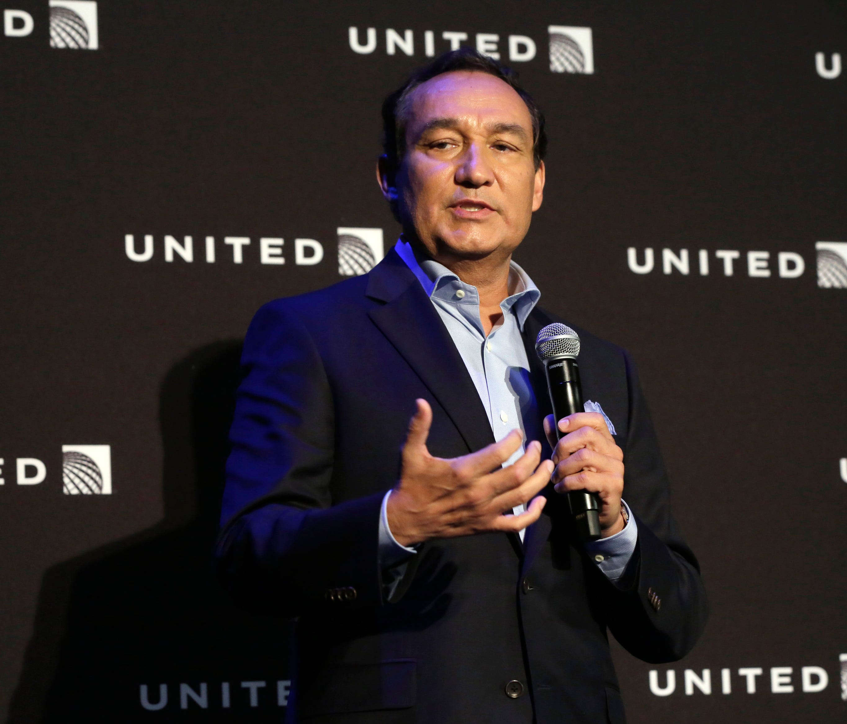 This file photo from June 2, 2016, shows United Airlines CEO Oscar Munoz at a presentation in New York.