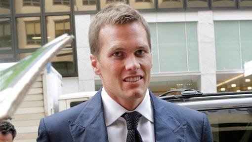 FILE - In this June 23, 2015, file photo, New England Patriots quarterback Tom Brady arrives for his appeal hearing at NFL headquarters in New York. Judge Richard M. Berman will preside over a hearing scheduled for Wednesday, Aug. 12, 2015, after the league requested a judgment saying Goodell acted legally when he punished Brady after a league-sponsored investigation concluded the Patriots supplied improperly under-inflated footballs against the Indianapolis Colts in the conference championship game. (AP Photo/Mark Lennihan, File)