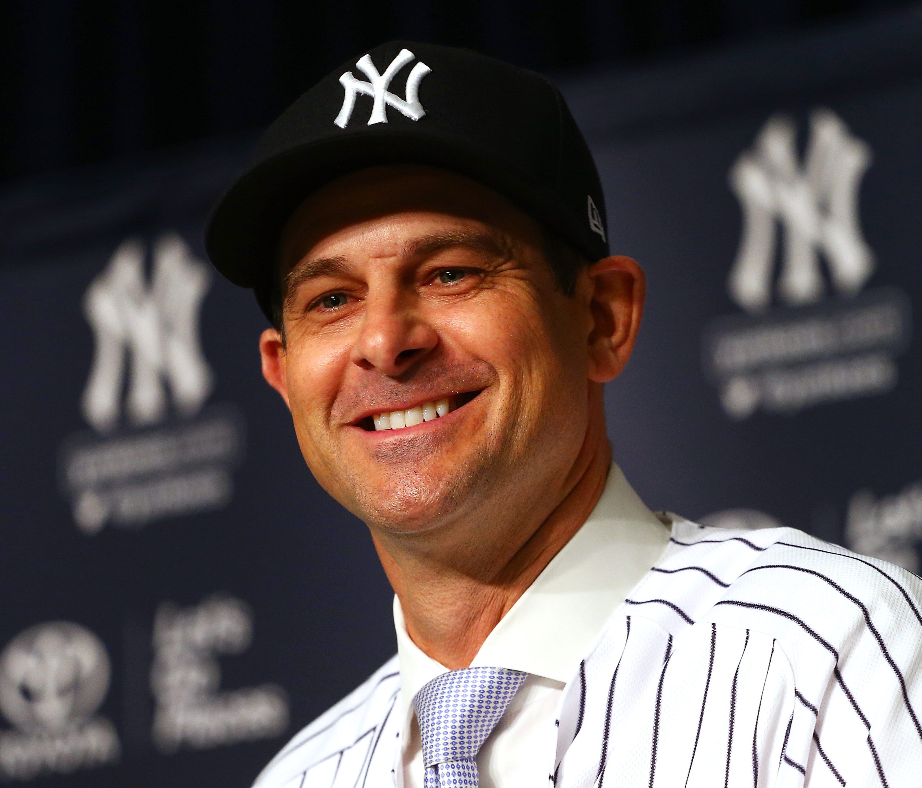 NEW YORK, NY - DECEMBER 06:  Aaron Boone speaks to the media after being introduced as manager of the New York Yankees at Yankee Stadium on December 6, 2017 in the Bronx borough of New York City.  (Photo by Mike Stobe/Getty Images) ORG XMIT: 77508773