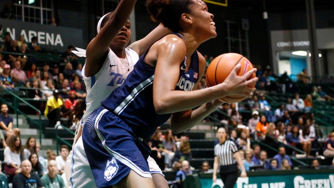 Tulane forward Krystal Freeman (23) guards Connecticut's Azura Stevens during a 2018 game. Freeman was named to the All-American Athletic Conference's preseason first team Monday.