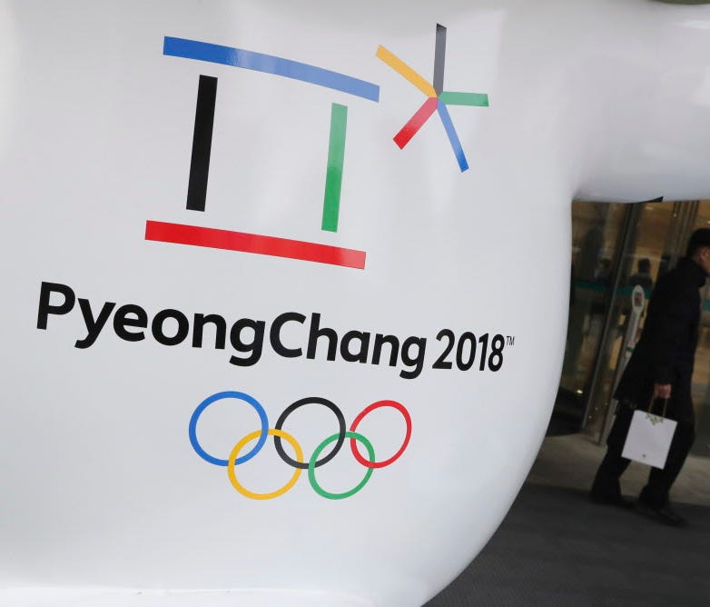 The official emblem of the 2018 Pyeongchang Olympic Winter Games is seen in downtown Seoul, South Korea.