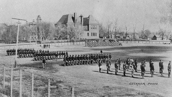 The Cadet Battalion practices on Athletic Field. Now, the Jack Christiansen Memorial Track sits approximately in this location.