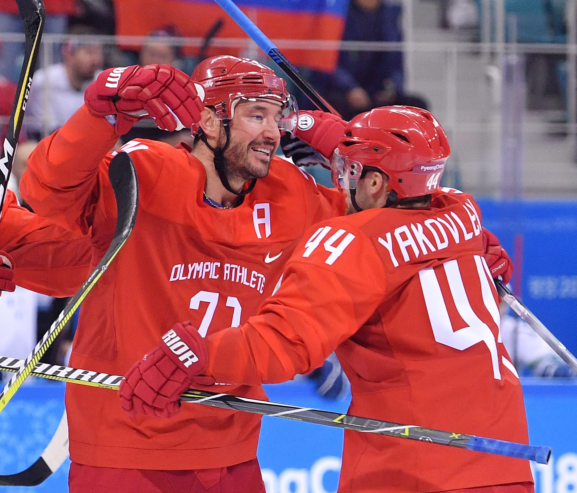 Olympic Athlete of Russia forward Ilya Kovalchuk (71) celebrates his goal during the first period against Slovenia at the Pyeongchang 2018 Olympic Winter Games at Gangneung Hockey Centre.