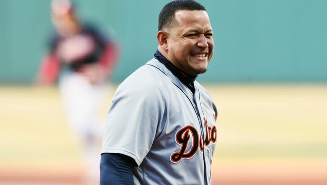 Miguel Cabrera reacts after striking out in the first inning Monday in Cleveland.