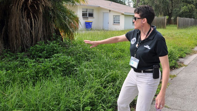 An overgrown yard at an empty foreclosed home now owned by SunTrust bank. Maddie Curtis, code enforcement officer for the city of Rockledge, Fla., discusses properties in the city that are empty.
