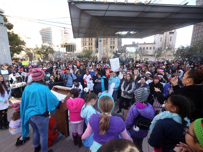 Speakers address the crowd at San Jacinto Plaza during