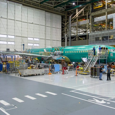 A Boeing 737 MAX on final assembly line.