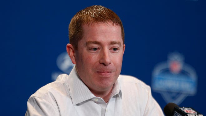 Detroit Lions general manager Bob Quinn speaks to the media during the 2016 NFL scouting combine at Lucas Oil Stadium.
