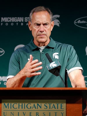 Michigan State football coach Mark Dantonio talks about his team Aug. 10, 2015, in East Lansing.