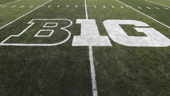 The Big Ten logo is seen on the field before an NCAA college football game between Iowa and Miami of Ohio, Saturday, Aug. 31, 2019, in Iowa City, Iowa.