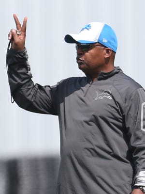 Head coach Jim Caldwell watches drills during Lions rookie minicamp May 9, 2015.