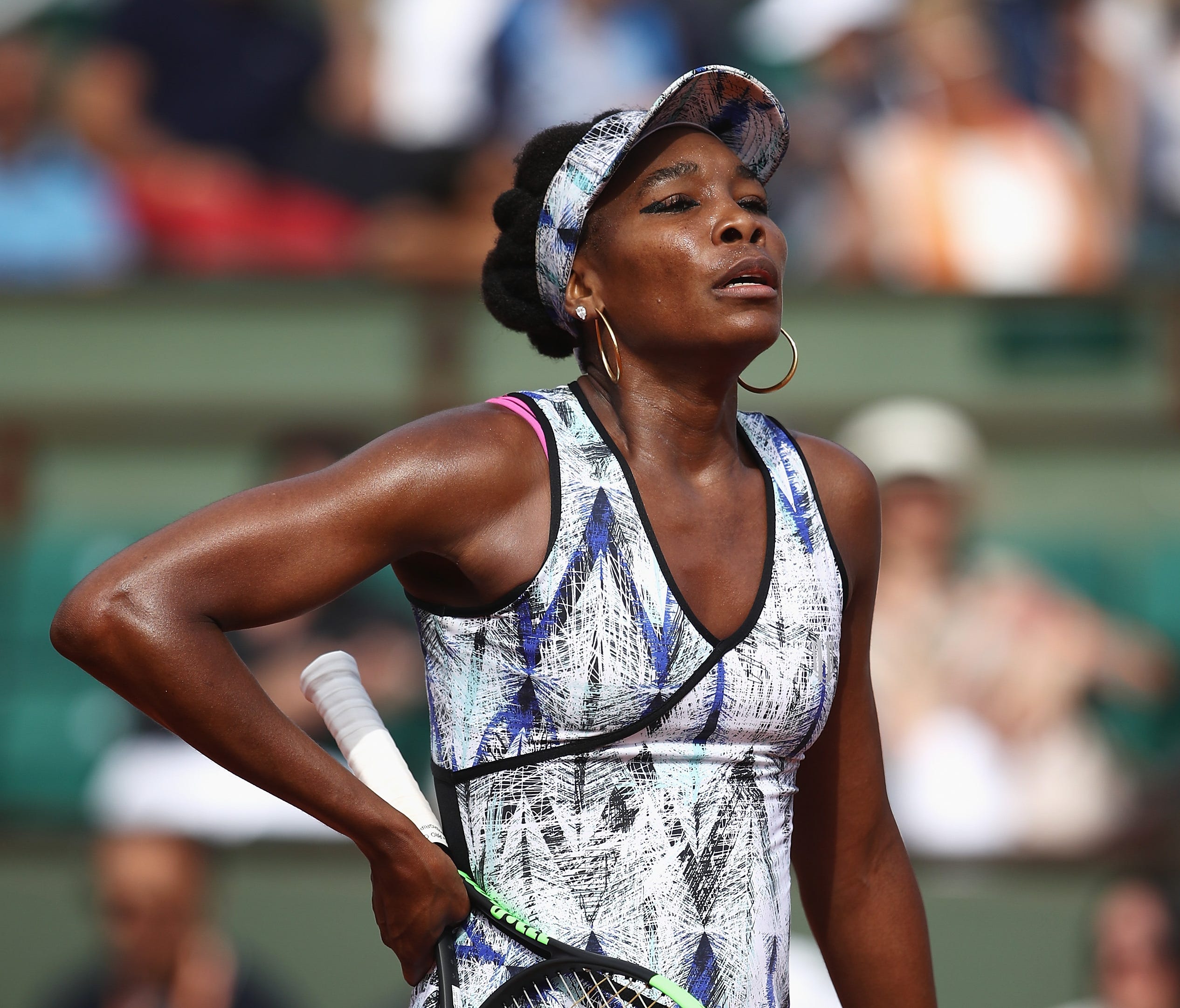 Venus Williams of the United States reacts in her women's singles fourth round match against Timea Bacsinszky of Switzerland during day eight of the French Open at Roland Garros on June 4, 2017 in Paris.