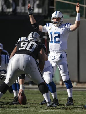 Indianapolis Colts quarterback Andrew Luck (12) calls out the coverage against the Oakland Raiders at Oakland Alameda Coliseum in Oakland, Calif., on Saturday, Dec. 24, 2016.