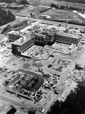 Baptist Memorial Hospital - Memphis on Walnut Grove Road in East Memphis was under construction on 25 May 1978.  Christian Brothers High School is located at the top of the photo.  Walnut Grove Road is located between the hospital and the CBHS baseball diamond at top of this photo, which looks from South to North.