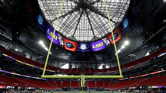 The interior of Mercedes-Benz Stadium is pictured before the 2019 Southeastern Conference football championship between LSU and Georgia in Atlanta.