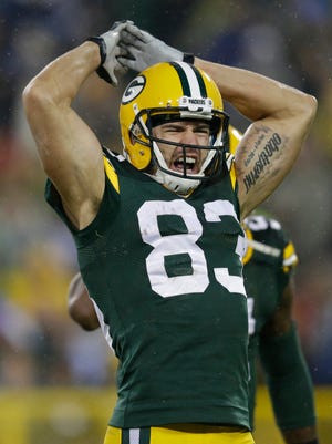 Green Bay Packers receiver Jeff Janis (83) celebrates his special teams play against the Dallas Cowboys at Lambeau Field.