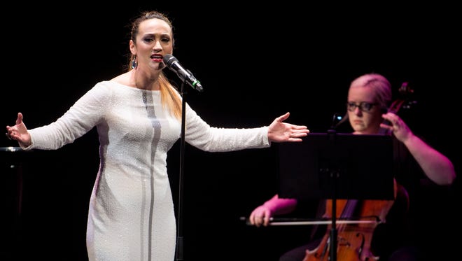 Broadway veteran Eden Espinosa performs "Don't Cry for Me, Argentina" from Evita during the season announcement event at the Tennessee Performing Arts Center, Monday, April 11, 2016, in Nashville, Tenn.
