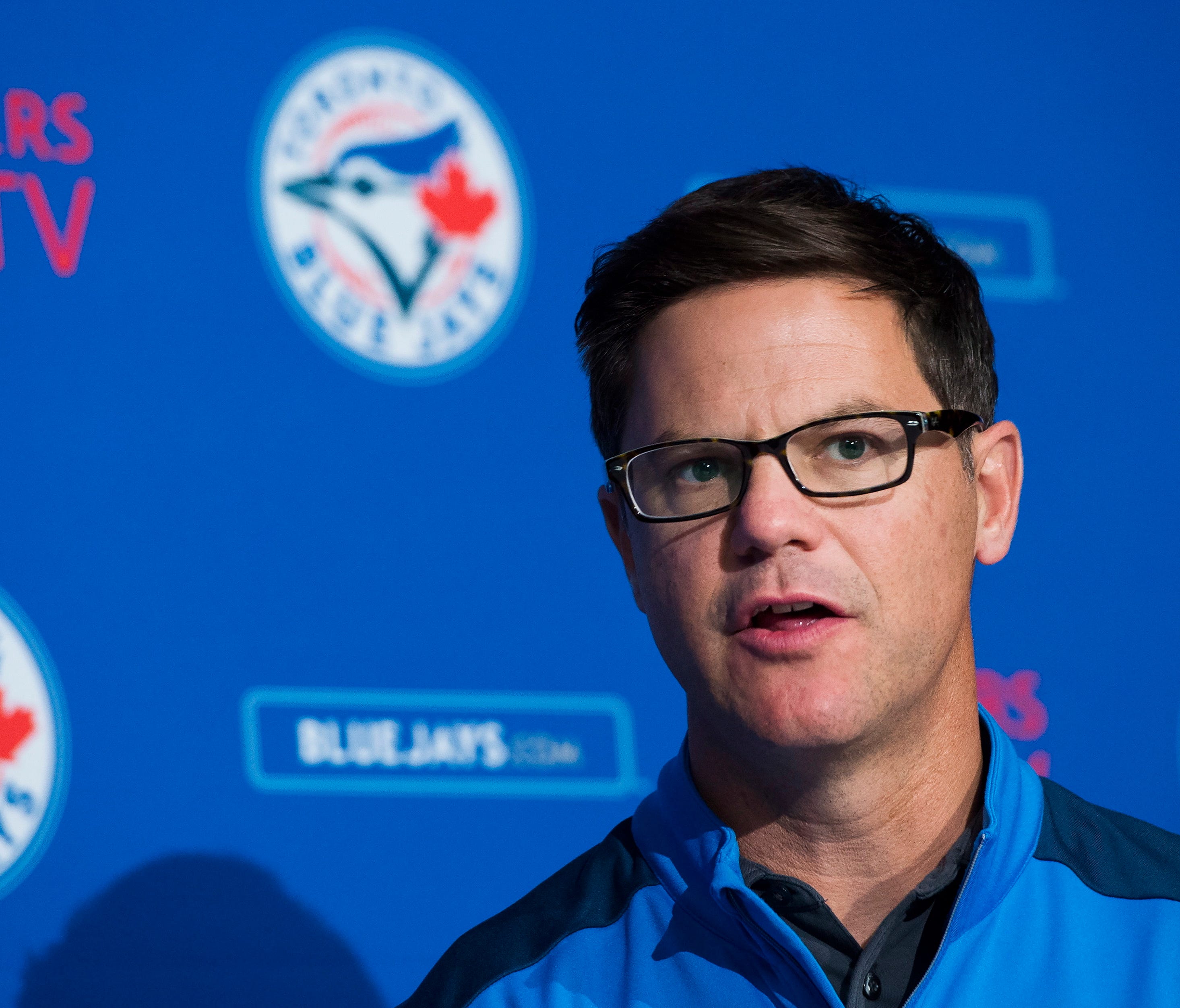 Toronto Blue Jays general manager Ross Atkins speaks to the media during a press conference in Toronto, Tuesday, Oct. 3, 2017. (Nathan Denette/The Canadian Press via AP)