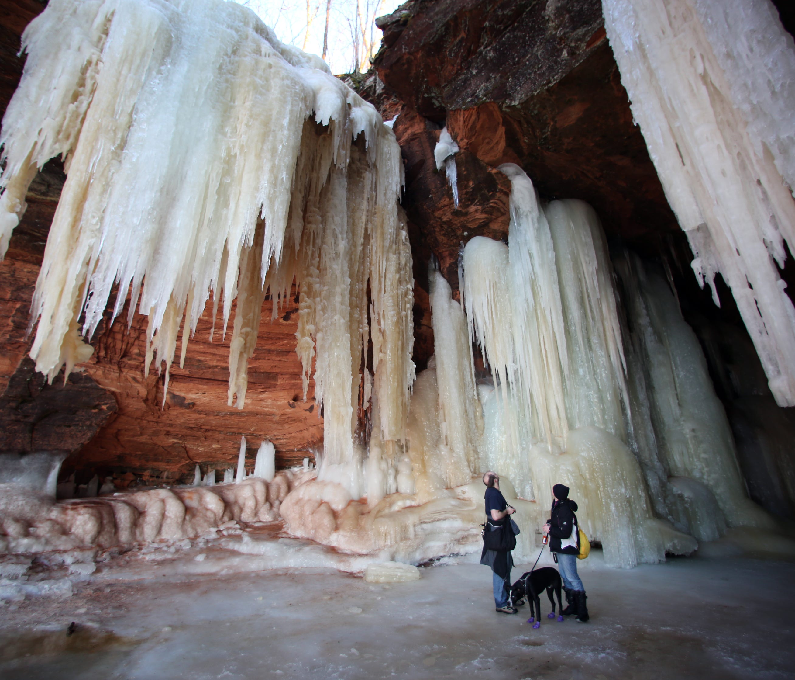 For the second straight year, the Apostle Islands ice caves were accessible in 2015 due to thick ice thanks to the cold winter. Visitors were able to traverse the frozen Lake Superior shores near Bayfield, hiking more than two miles round-trip to vie