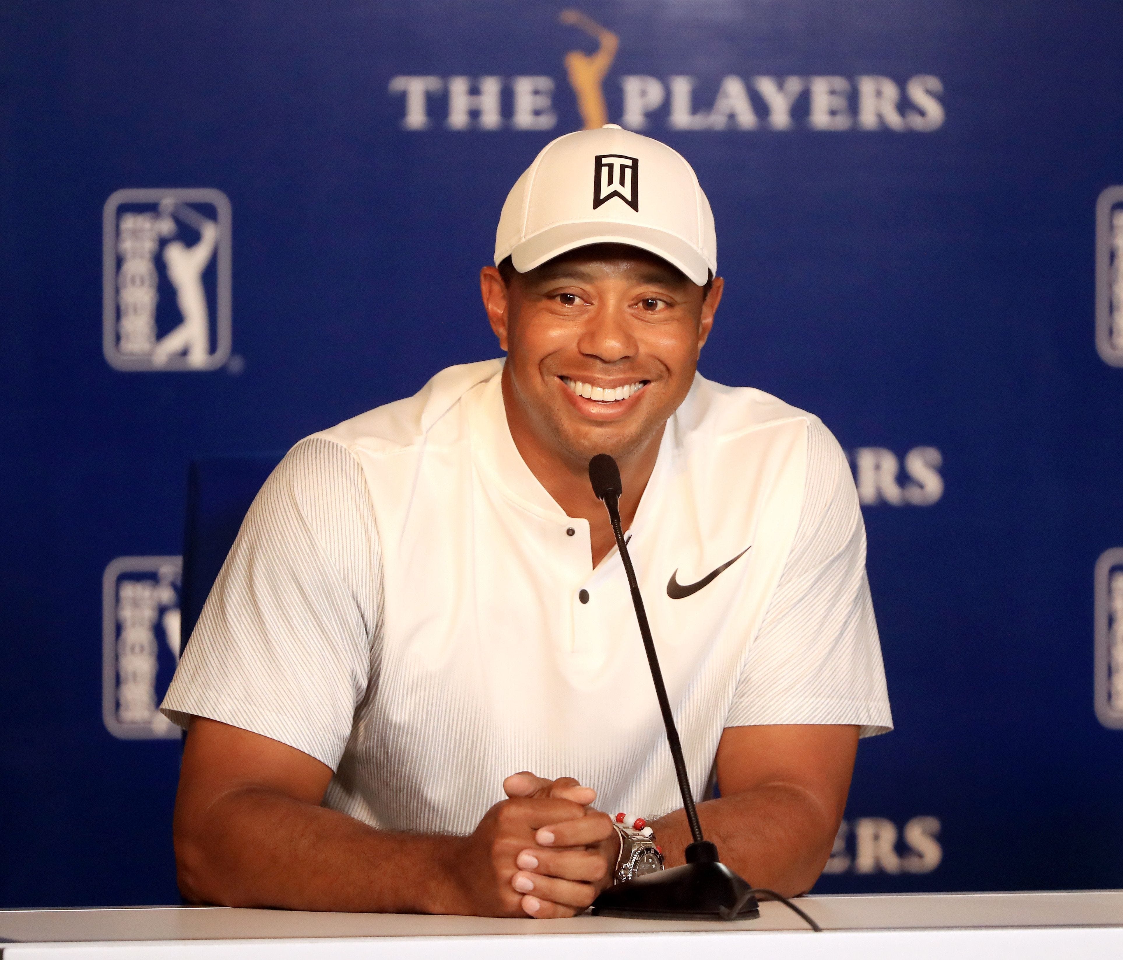 Tiger Woods speaks to the media during practice rounds prior to The Players Championship.