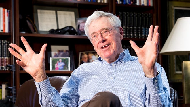 Charles Koch, chairman and CEO of Koch Industries,  answers questions during an interview at the Koch headquarters in Wichita, Kan.