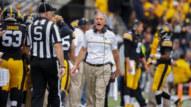 Iowa head football coach Kirk Ferentz yells at a game official for a call against his Hawkeyes against Northwestern on Saturday, Oct. 1, 2016, at Kinnick Stadium in Iowa City.
