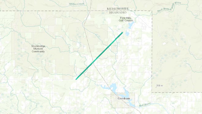 The blue line indicates the path of Sunday's weak tornado north of Gresham in Shawano County.