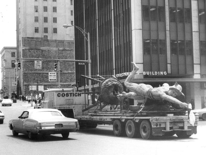 In this 1974 photo, Rochester's Mercury statue is moved