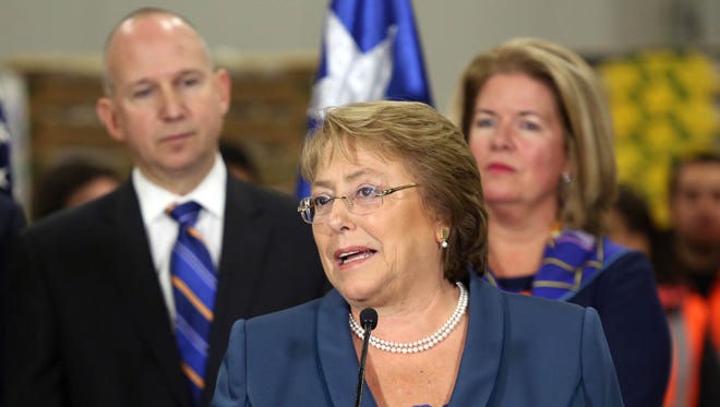 Chilean President Michelle Bachelet gives remarks about trade relations with the Port of Wilmington during a visit to Delaware in 2015.