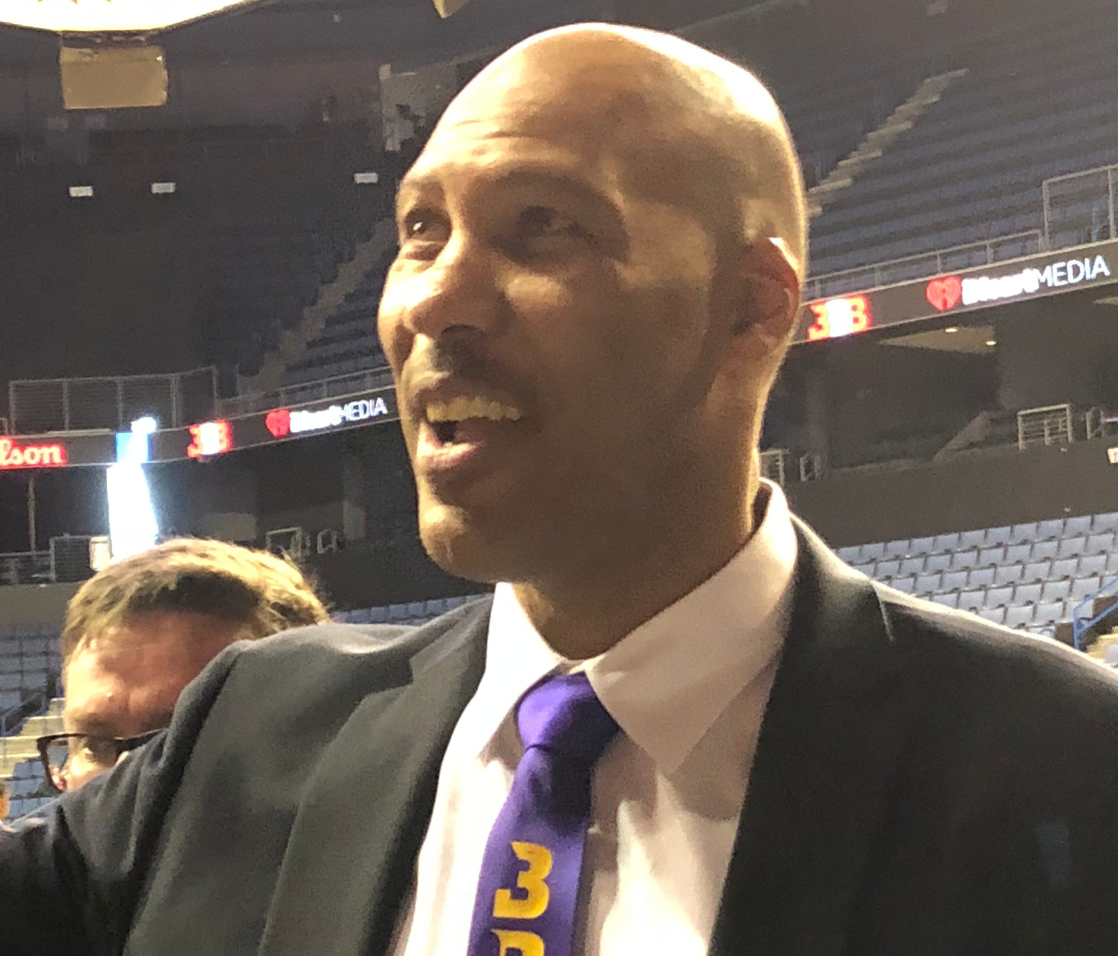 Opening night for the Junior Basketball Association, a league LaVar Ball formed to appeal to NBA hopefuls who don't want to play college basketball. Ball talks with fans before the first game.