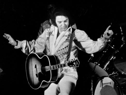 Elvis Presley performs what would be his last Memphis concert July 5, 1976, before a crowd of 12,000 at Mid-South Coliseum.