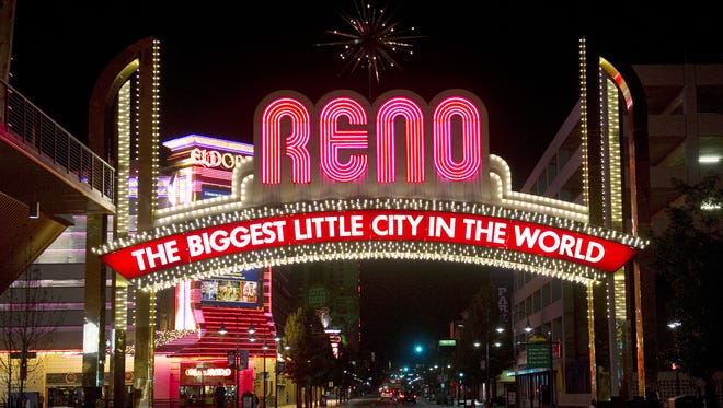 The Reno Arch on Virginia Street is the iconic symbol of the Arch District in downtown Reno, Nev.