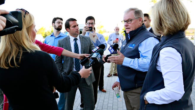 Republican State Senator Scott Wagner, accompanied by his wife Tracy, speak to media after casting their Primary Election votes at Grumbacher Sport and Fitness Center in Spring Garden Township, Tuesday, May 15, 2018. Wagner is running for Governor. Dawn J. Sagert photo