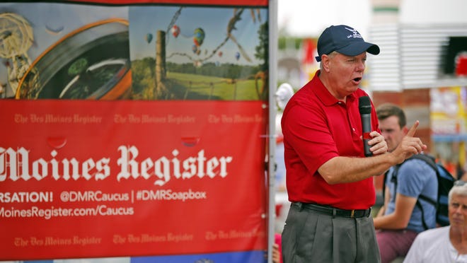 Republican presidential candidate Sen. Lindsey Graham of South Carolina speaks during a visit to the Iowa State Fair on Monday in Des Moines.