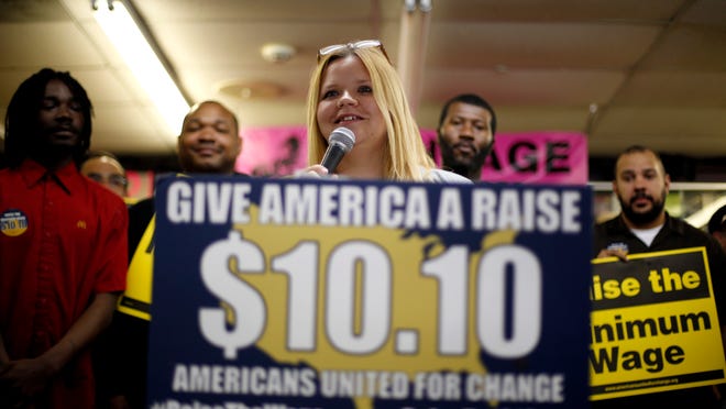 Amy Jennewein speaks at a Missouri rally to increase the federal minimum wage. (Jeff Roberson, AP) 
