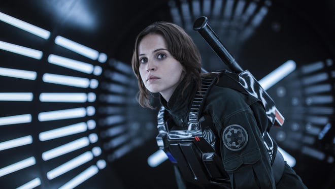 Felicity Jones is Jyn Erso in “Rogue One: A Star Wars Story.” The movie opens Thursday at Regal West Manchester Stadium 13, Frank Theatres Queensgate Stadium 13 and R/C Hanover Movies.