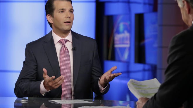 Donald Trump Jr., left, is interviewed by host Sean Hannity on his Fox News Channel television program in New York Tuesday.