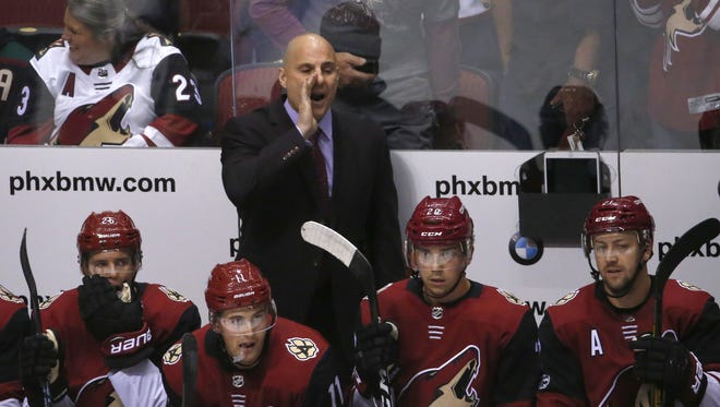 Arizona Coyotes head coach Rick Tocchet yells at his team during the NHL home opener against the Vegas Golden Knights at Gila River Arena in Glendale on October 7, 2017.