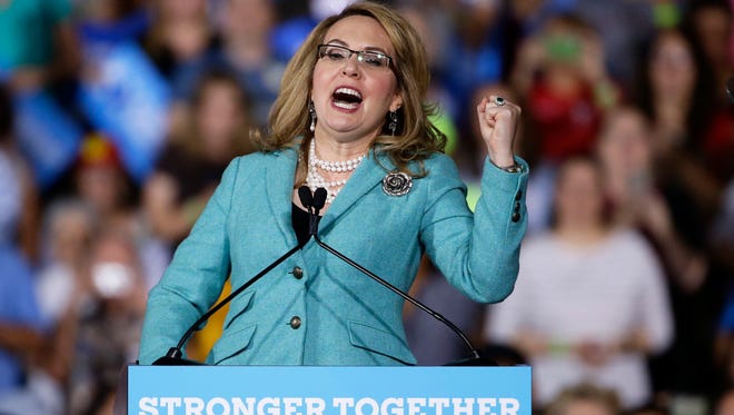 Former Rep. Gabrielle Giffords, D-Ariz., warms up the crowd prior to Democratic presidential candidate Hillary Clinton's Nov. 2, 2016, at Arizona State University in Tempe.
