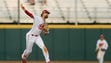 Luke Miller of the Indiana Hoosiers throws out a runner