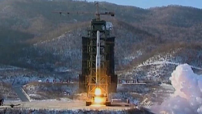 FILE - In this Dec. 12, 2012 image made from video, North Korea's Unha-3 rocket lifts off from the Sohae launching station in Tongchang-ri, North Korea. North Korea's top governing body had warned earlier that the regime would conduct its third nuclear test in defiance of U.N. punishment, and made clear that its long-range rockets are designed to carry not only satellites but also warheads aimed at striking the United States.