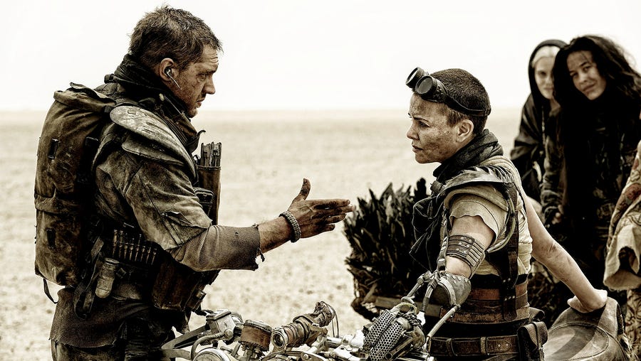 Max (Tom Hardy) and Furiosa (Charlize Theron) team up in "Mad Max: Fury Road."