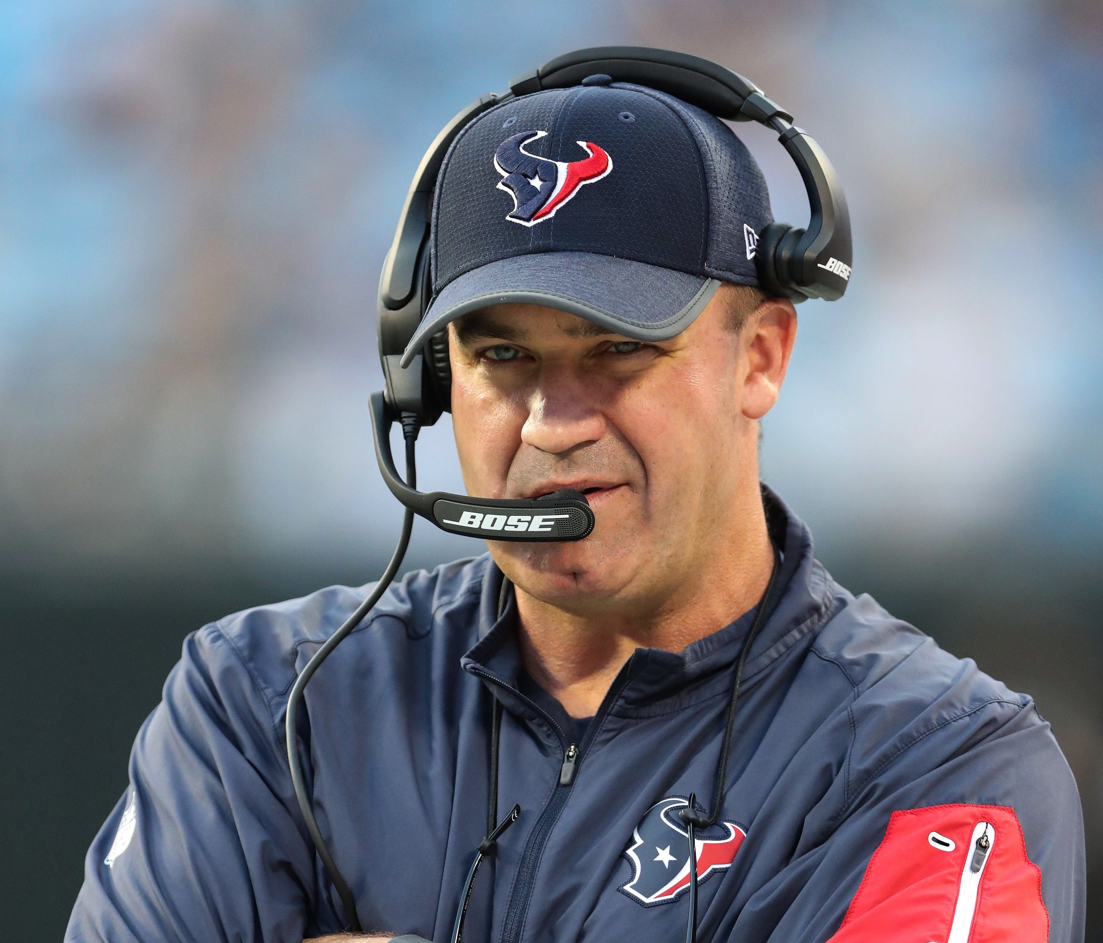 Houston Texans head coach Bill O'Brien on the sidelines during the first quarter against the Carolina Panthers at Bank of America Stadium.