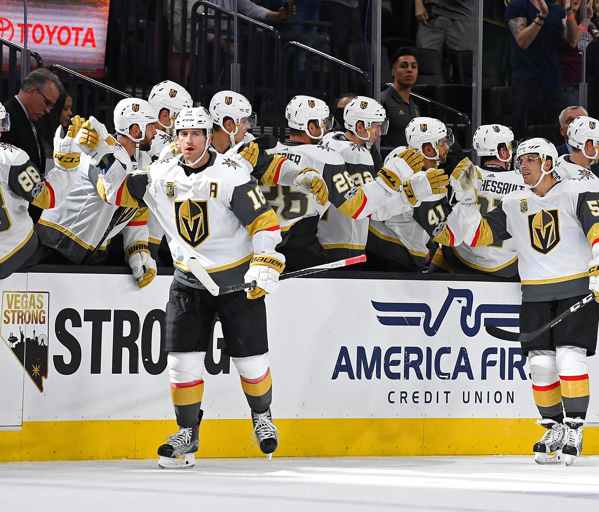 Vegas Golden Knights left wing James Neal (18) celebrates with teammates after scoring a goal during a game against the Colorado Avalanche.