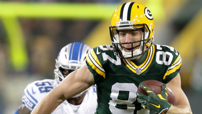 Wide receiver Jordy Nelson runs after a reception against the Detroit Lions on Nov. 6, 2017, at Lambeau Field.