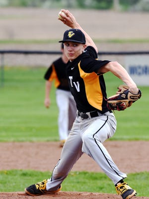 Seth Wolford, of Tri-Valley, fires a pitch against Sheridan this past week. Area coaches are relying on depth to overcome the weather and new pitch count rule.