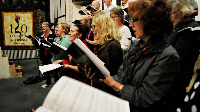 
A choir at First Presbyterian Church of St. Cloud rehearses in the sanctuary Wednesday for its performance Sunday when the church celebrates its 150th anniversary. 
